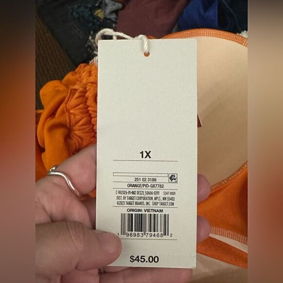 Metallic SideRuched HighLeg Cheeky OnePiece Swimsuit FeNoelxTarget Orange NWT 1X - Picture 6 of 16